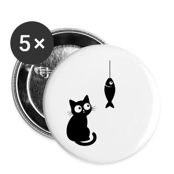 Black Cat and Fish Curiosity - Buttons large 2.2''/56 mm (5-pack) - white - Front