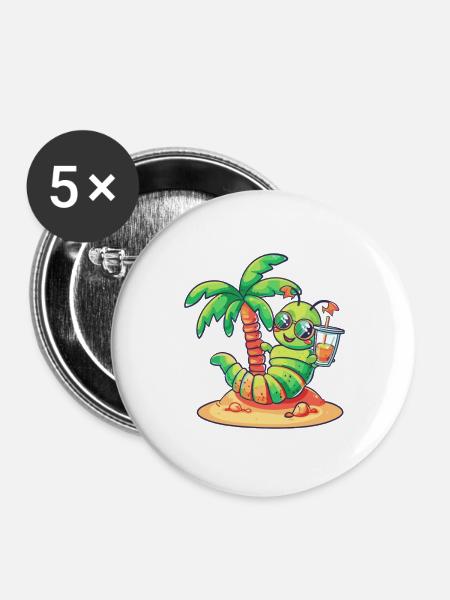 Wurm Sommer Urlaub - Buttons groß 56 mm (5er Pack) - Weiß