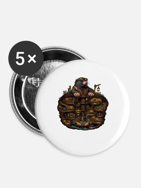 Steampunk Maulwurf Unterwelt - Buttons groß 56 mm (5er Pack) - Weiß