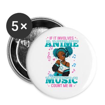 Anime and Music Chibi Black Girl - Buttons large 2.2''/56 mm (5-pack) - white - Front
