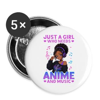 Anime and Music Chibi Black Girl - Buttons large 2.2''/56 mm (5-pack) - white - Front