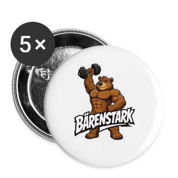 Bärenstark Fitness Bär Hantel Motiv - Buttons groß 56 mm (5er Pack) - Weiß - Vorne