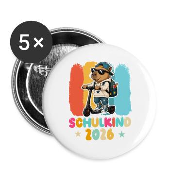 Einschulung Schulkind 2026 Junge Mädchen Cabybara - Buttons groß 56 mm (5er Pack) - Weiß - Vorne