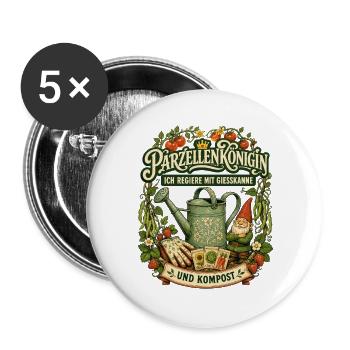 Parzellenkönigin mit Gießkanne und Kompost - Buttons groß 56 mm (5er Pack) - Weiß - Vorne