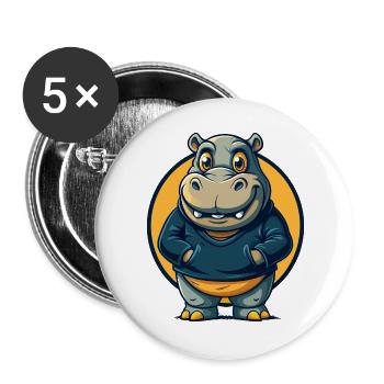 Hippo Kawaii Maskottchen Cartoon-Charakter-Clipart-Logo - Buttons groß 56 mm (5er Pack) - Weiß - Vorne