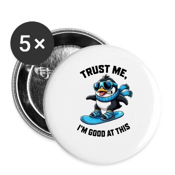 Penguin Snowboard Winter Sports Saying - Buttons large 2.2''/56 mm (5-pack) - white - Front