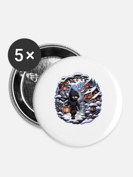 Winterninja im verschneiten Dorf - Buttons groß 56 mm (5er Pack) - Weiß