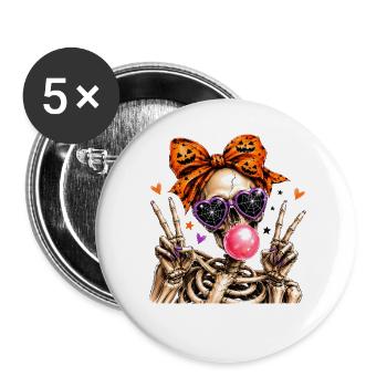 Halloween-Skelett mit orangefarbener Schleife - Buttons groß 56 mm (5er Pack) - Weiß - Vorne