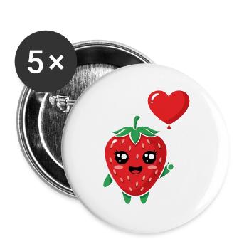 Fraise câline avec ballon en forme de cœur - Lot de 5 grands badges (56 mm) - blanc - Devant