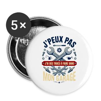 J'peux Pas J'ai Garage - Cadeau Mécanicien Rétro - Lot de 5 grands badges (56 mm) - blanc - Devant