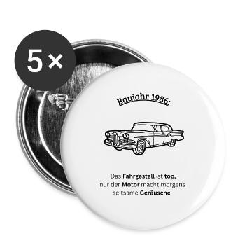 40. Geburtstag 1986 - Fahrgestell & Motor - Buttons groß 56 mm (5er Pack) - Weiß - Vorne