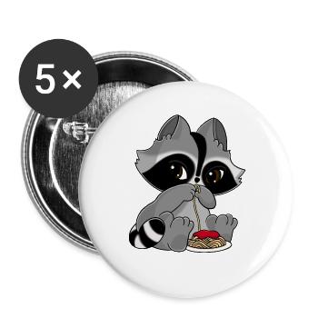 Snuggles der Waschbär mit einem Teller Pasta. - Buttons groß 56 mm (5er Pack) - Weiß - Vorne