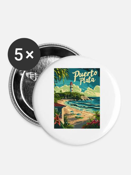  Puerto Plata Karibik Strand und Leuchtturm - Buttons groß 56 mm (5er Pack) - Weiß