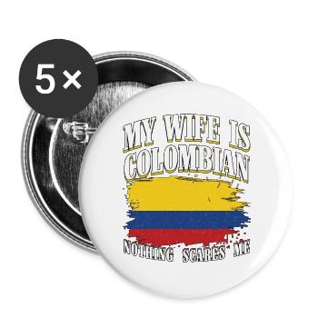 Ehefrau ist Kolumbianerin, keine Angst – Flagge Kolumbien - Buttons groß 56 mm (5er Pack) - Weiß - Vorne