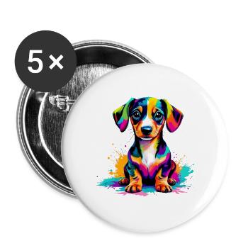Bunter Welpe Farbexplosion - Buttons groß 56 mm (5er Pack) - Weiß - Vorne