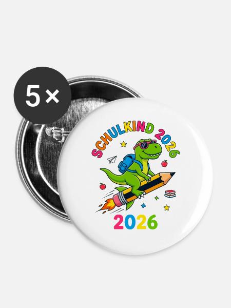Schulkind 2026 Dino T-Rex Einschulung - Buttons groß 56 mm (5er Pack) - Weiß