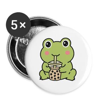 Süßer Kawaii-Frosch trinkt Bubble Tea Aufkleber - Buttons groß 56 mm (5er Pack) - Weiß - Vorne