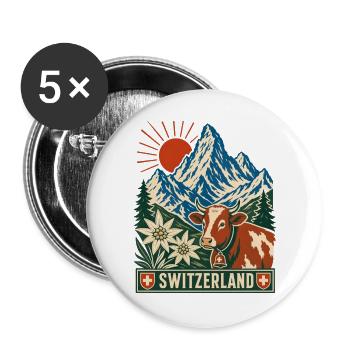 Schweizer Bergkuh im Sonnenaufgang - Buttons groß 56 mm (5er Pack) - Weiß - Vorne