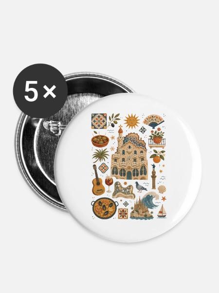 Barcelona | Mittelmeer, Gaudí & Genuss - Buttons groß 56 mm (5er Pack) - Weiß