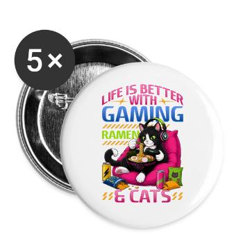 Gamer Gaming Cat Ramen Video Game - Buttons large 2.2''/56 mm (5-pack) - white - Front