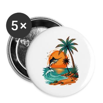 Jumping Fish at Tropical Sunset Palm Sea Beach - Buttons large 2.2''/56 mm (5-pack) - white - Front