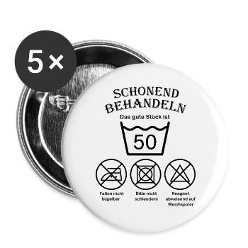 Die Wäsche bitte schonend behandeln 50 Geburtstag - Buttons groß 56 mm (5er Pack) - Weiß - Vorne