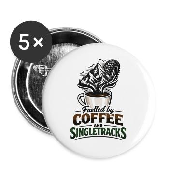 Fuelled by Coffee & Singletracks MTB Kaffeetasse - Buttons groß 56 mm (5er Pack) - Weiß - Vorne