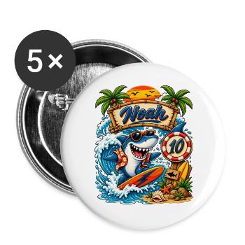 Noah Shark Surfer 10th Birthday - Buttons large 2.2''/56 mm (5-pack) - white - Front