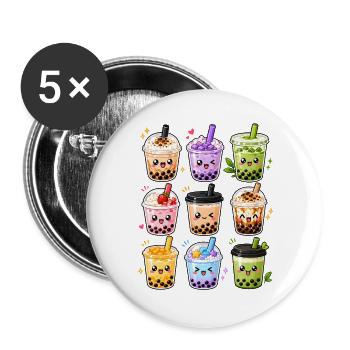 Kawaii Bubble Tea | Boba & Milchtee - Buttons groß 56 mm (5er Pack) - Weiß - Vorne