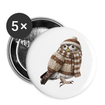 Eule im Strickpullover Vogel Weihnachten Gemütlich - Buttons groß 56 mm (5er Pack) - Weiß - Vorne