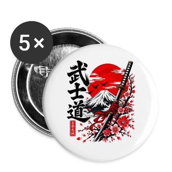 Bushido Samurai am Fuji mit Kirschblüten - Buttons groß 56 mm (5er Pack) - Weiß - Vorne