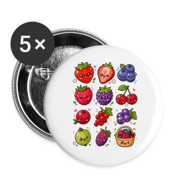 Kawaii Beeren | Erdbeeren & Waldbeeren - Buttons groß 56 mm (5er Pack) - Weiß - Vorne