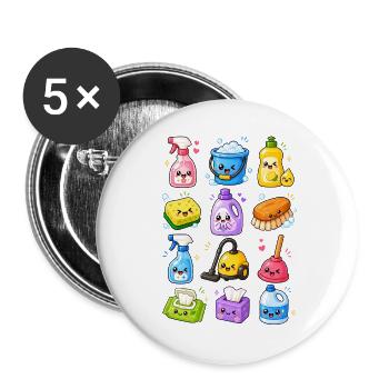 Kawaii Putzen | Haushalt & Reinigung - Buttons groß 56 mm (5er Pack) - Weiß - Vorne