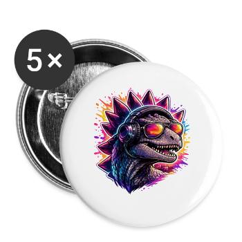 Dinosaurier DJ mit Kopfhörern im Neon Look - Buttons groß 56 mm (5er Pack) - Weiß - Vorne