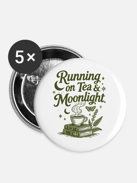 Running on Tea & Moonlight Spruch - Buttons groß 56 mm (5er Pack) - Weiß