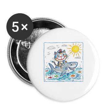 Katze reitet Haifisch - Buttons groß 56 mm (5er Pack) - Weiß - Vorne