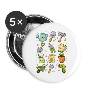 Kawaii Gartenwerkzeug | Gärtnern - Buttons groß 56 mm (5er Pack) - Weiß - Vorne