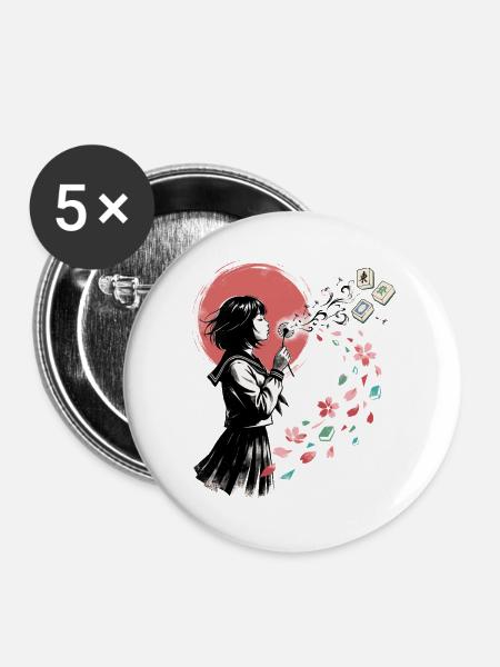 Mahjong Mädchen Japanisches Design - Buttons groß 56 mm (5er Pack) - Weiß