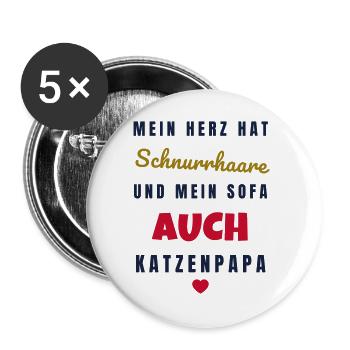 Katzenpapa Mein Herz hat Schnurrhaare - Katze - Buttons groß 56 mm (5er Pack) - Weiß - Vorne
