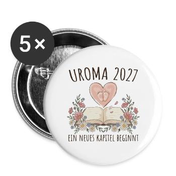 Uroma 2027 Neues Kapitel Beginnt Schwangerschaft - Buttons groß 56 mm (5er Pack) - Weiß - Vorne