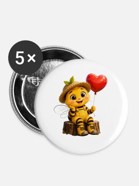 Honigbiene mit Herzballon - Buttons groß 56 mm (5er Pack) - Weiß