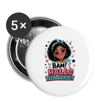 Bäm Hallo Teenagerzeit | 13. Geburtstag Mädchen - Buttons groß 56 mm (5er Pack) - Weiß - Vorne