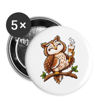 Süße Eule mit Latte Macchiato - Buttons groß 56 mm (5er Pack) - Weiß - Vorne