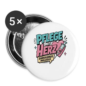 Pflegekraft Geschenk - Pflege mit Herz - Buttons groß 56 mm (5er Pack) - Weiß - Vorne