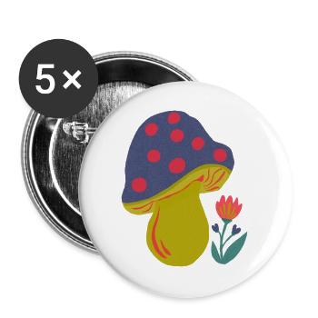 Farbenfroher Pilz mit Blütenakzent - Buttons groß 56 mm (5er Pack) - Weiß - Vorne