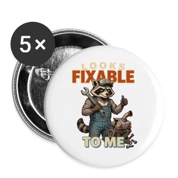 Waschbär Mechaniker: Looks Fixable - Buttons groß 56 mm (5er Pack) - Weiß - Vorne