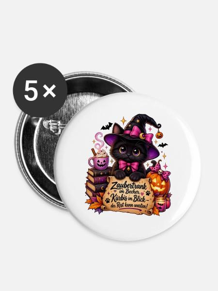 Katzenzauber Halloween Becher - Buttons groß 56 mm (5er Pack) - Weiß