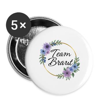 Team Braut Blumenkranz Lila - Buttons groß 56 mm (5er Pack) - Weiß - Vorne
