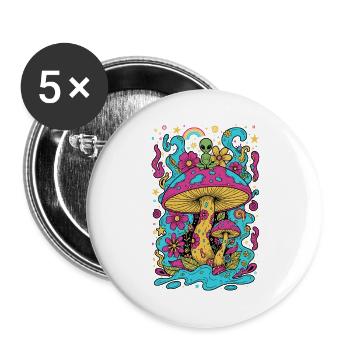 Psychedelisches Festival-Hippie-Pilz-Batik-Rave - Buttons groß 56 mm (5er Pack) - Weiß - Vorne