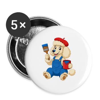 Pudel-Künstler malt mit Baskenmütze und Latzhose - Buttons groß 56 mm (5er Pack) - Weiß - Vorne